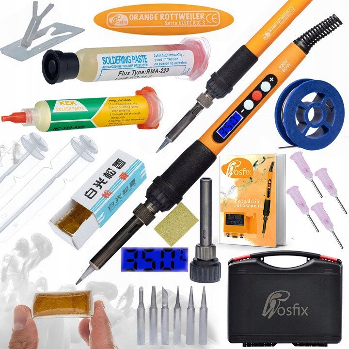 Rosfix Zestaw 10w1 lutownica Orange Rottweiler+Walizka 253x213x72mm+Topnik flux lutowniczy RMA-223 z tłoczkiem i igłą+Topnik NC-559-ASM+Pasta 60ml ZJ-