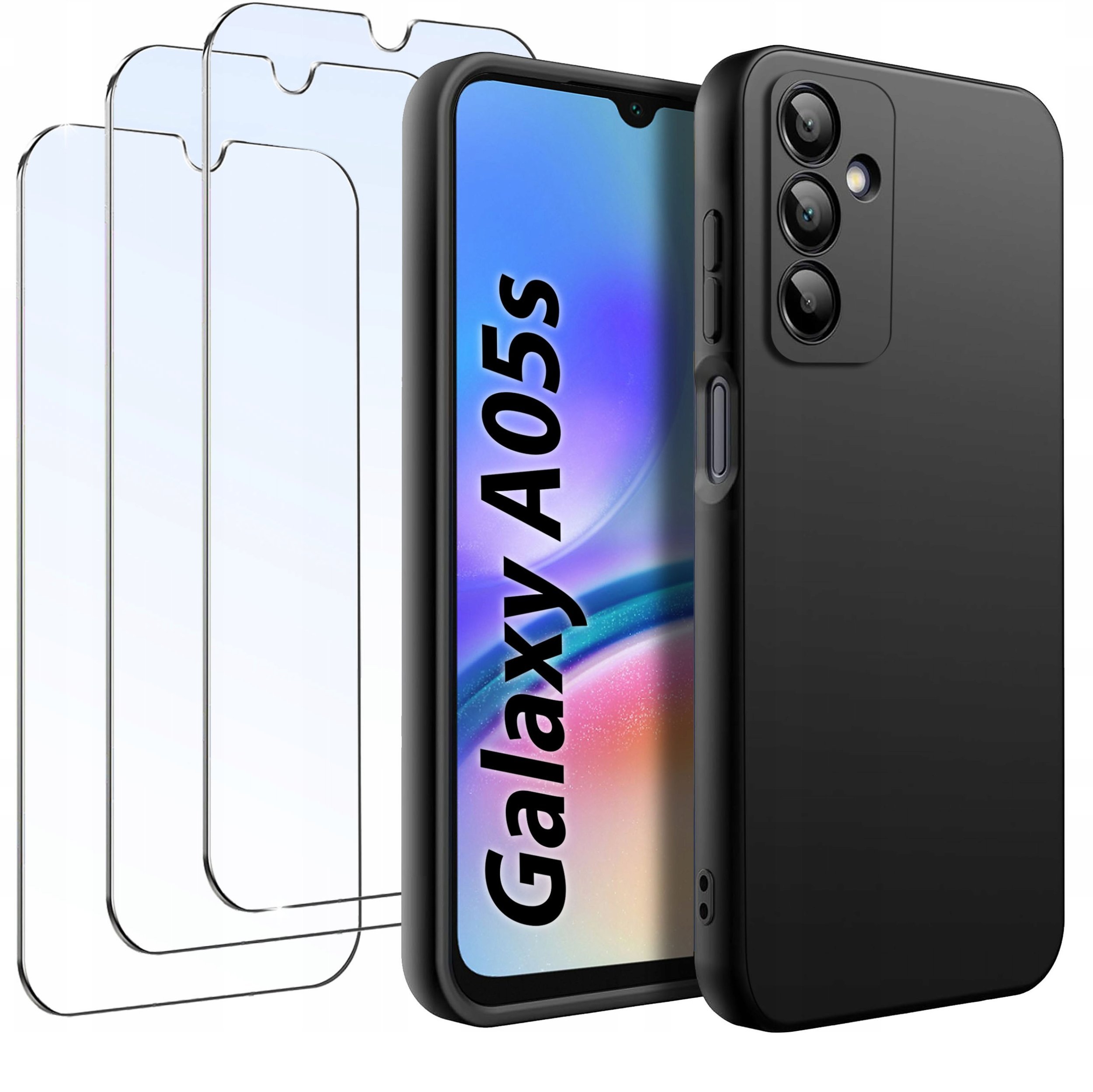 ZESTAW Etui do Samsung A05s Matowe Czarne Silikon Slim + 3 SZTUKI SZKŁO