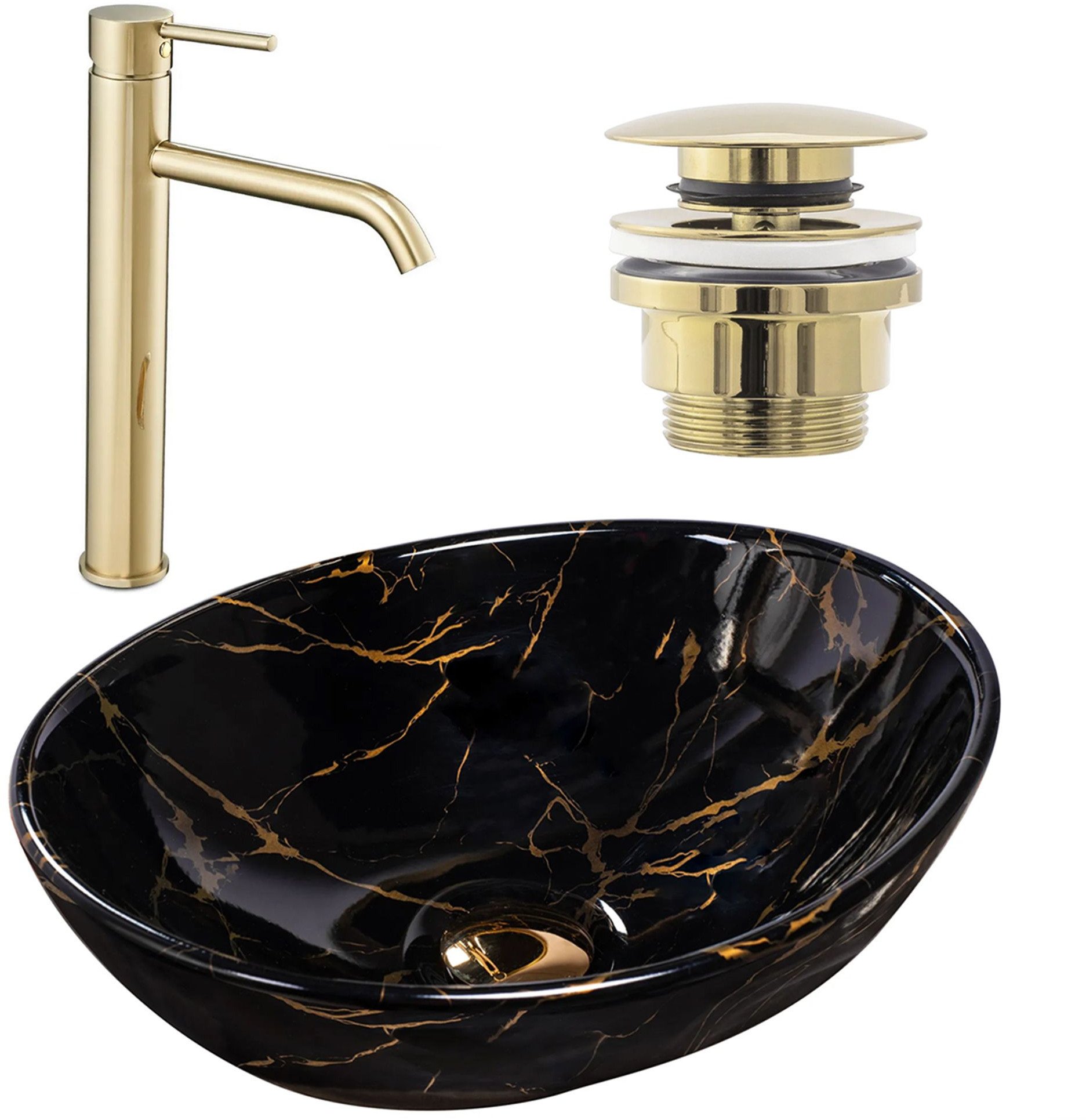 Zestaw Sofia black marble + bateria wysoka Lungo gold + korek uniwersalny złoty