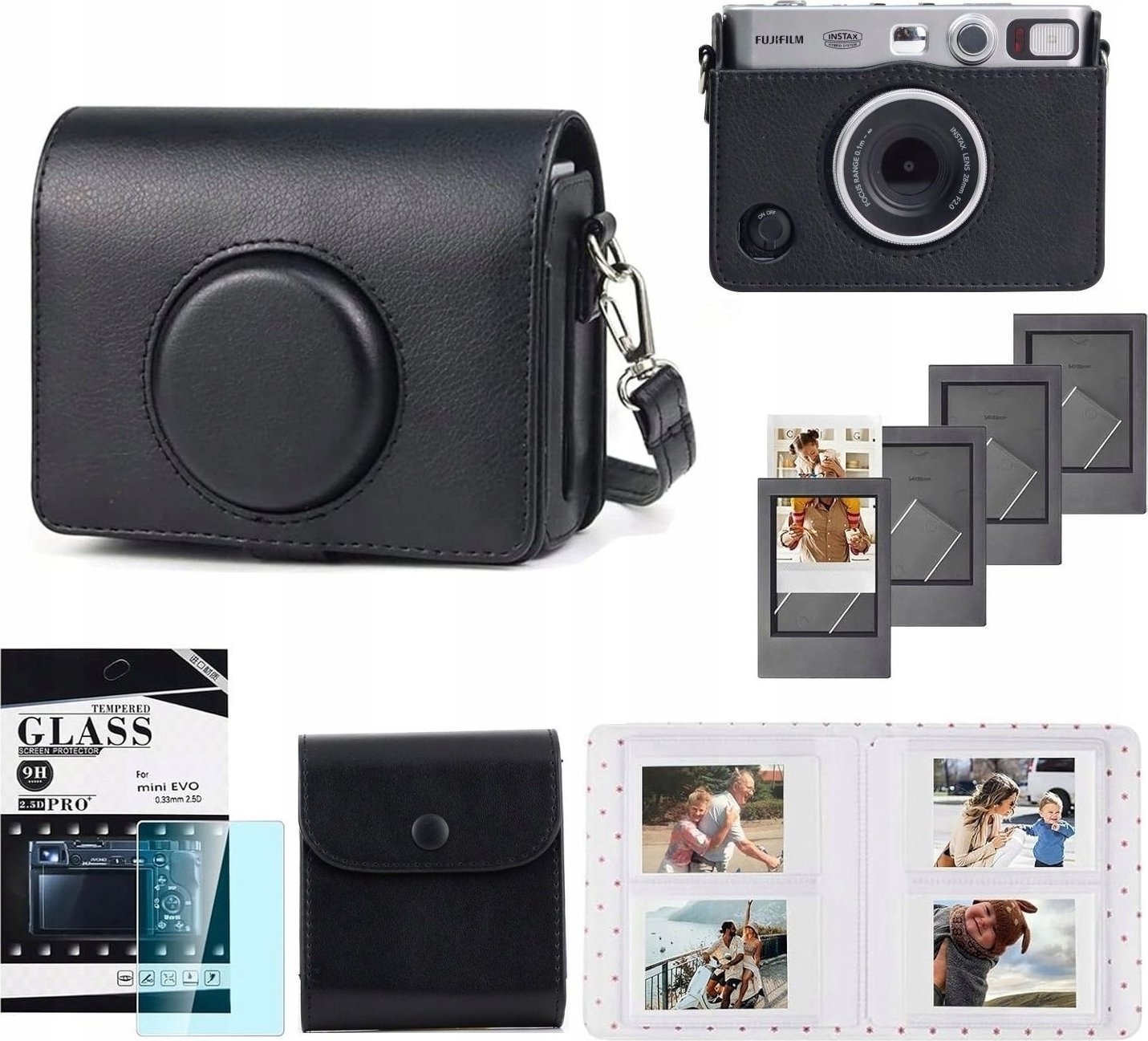 Zestaw 5w1 Futerał + Szkło + Album 64x + Etui Zdjęcia + Ramki Do Fuji Instax Mini Evo / Czarny
