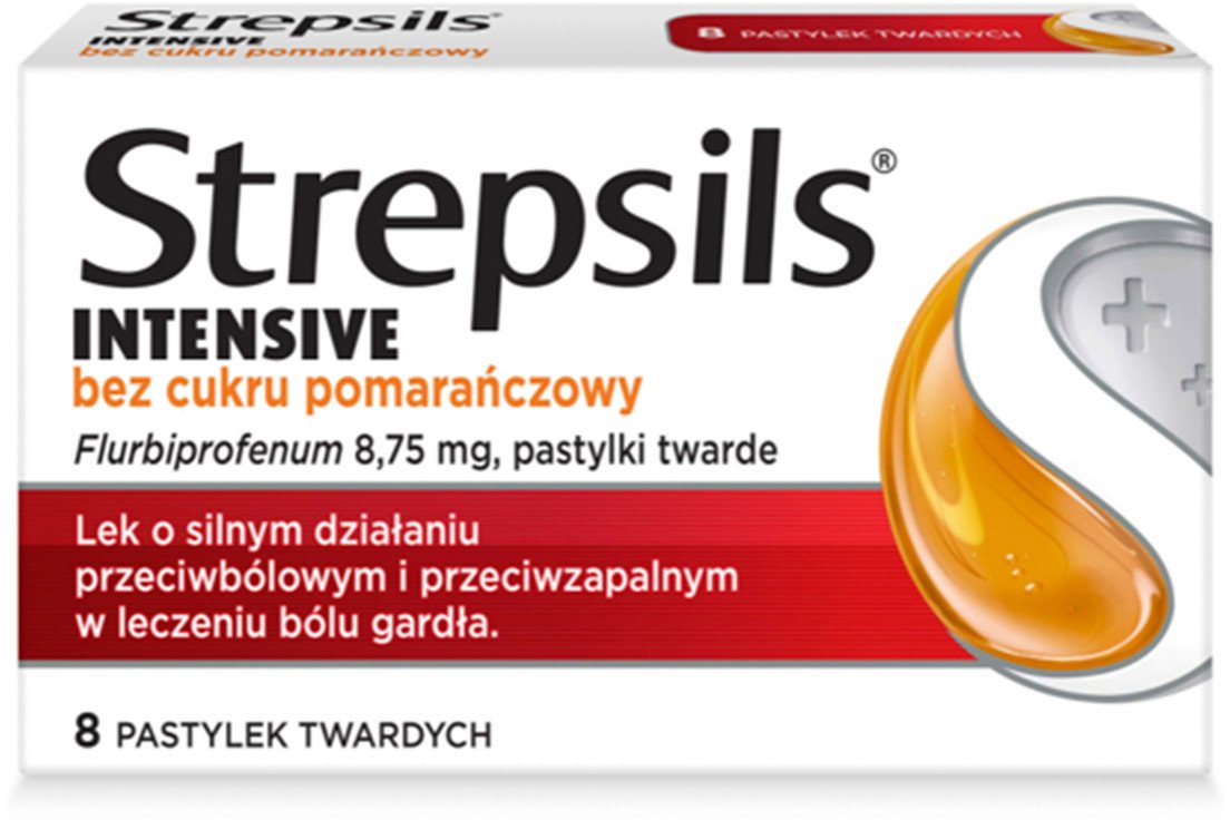 STREPSILS_Intensive pastylki do ssania bez cukru o silnym działaniu przeciwbólowym i przeciwzapalnym w leczniu bólu gardła suplement diety Pomarańcza