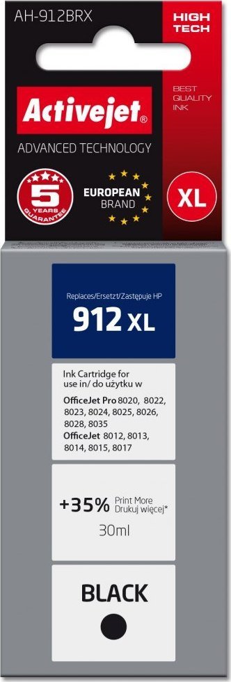 Tusz Activejet Tusz Activejet AH-912BRX (zamiennik HP 912XL 3YL84AE; Premium; 1100 stron; czarny)