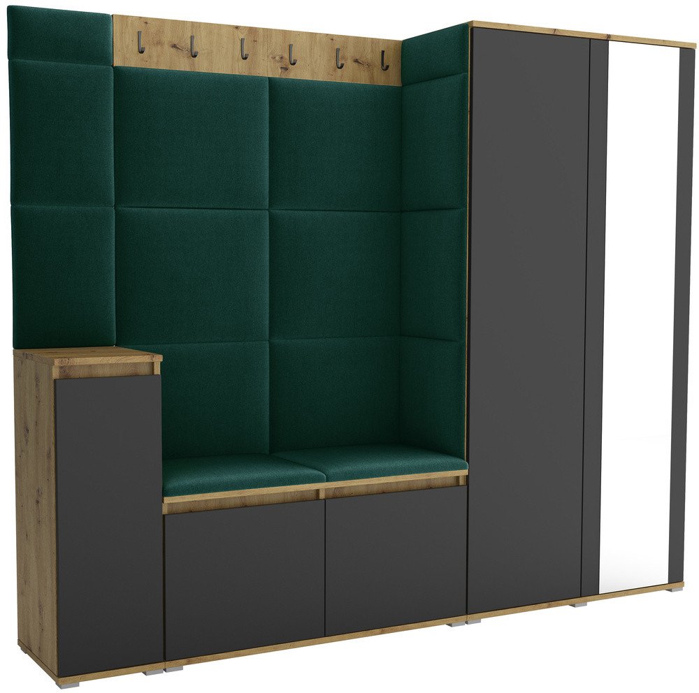 Tapicerowana garderoba Noris VIII z lustrem - kolor artisan z czarnym frontem + tkanina Trinity 28