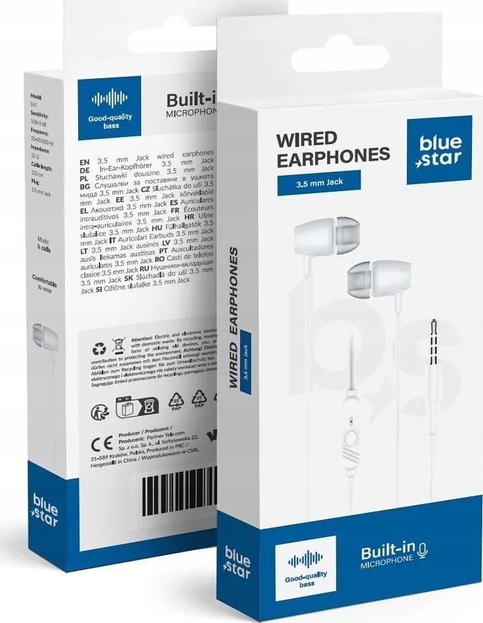 BLUE STAR słuchawki przewodowe Jack 3,5 mm z mikrofonem PA-E67 1,2 m białe