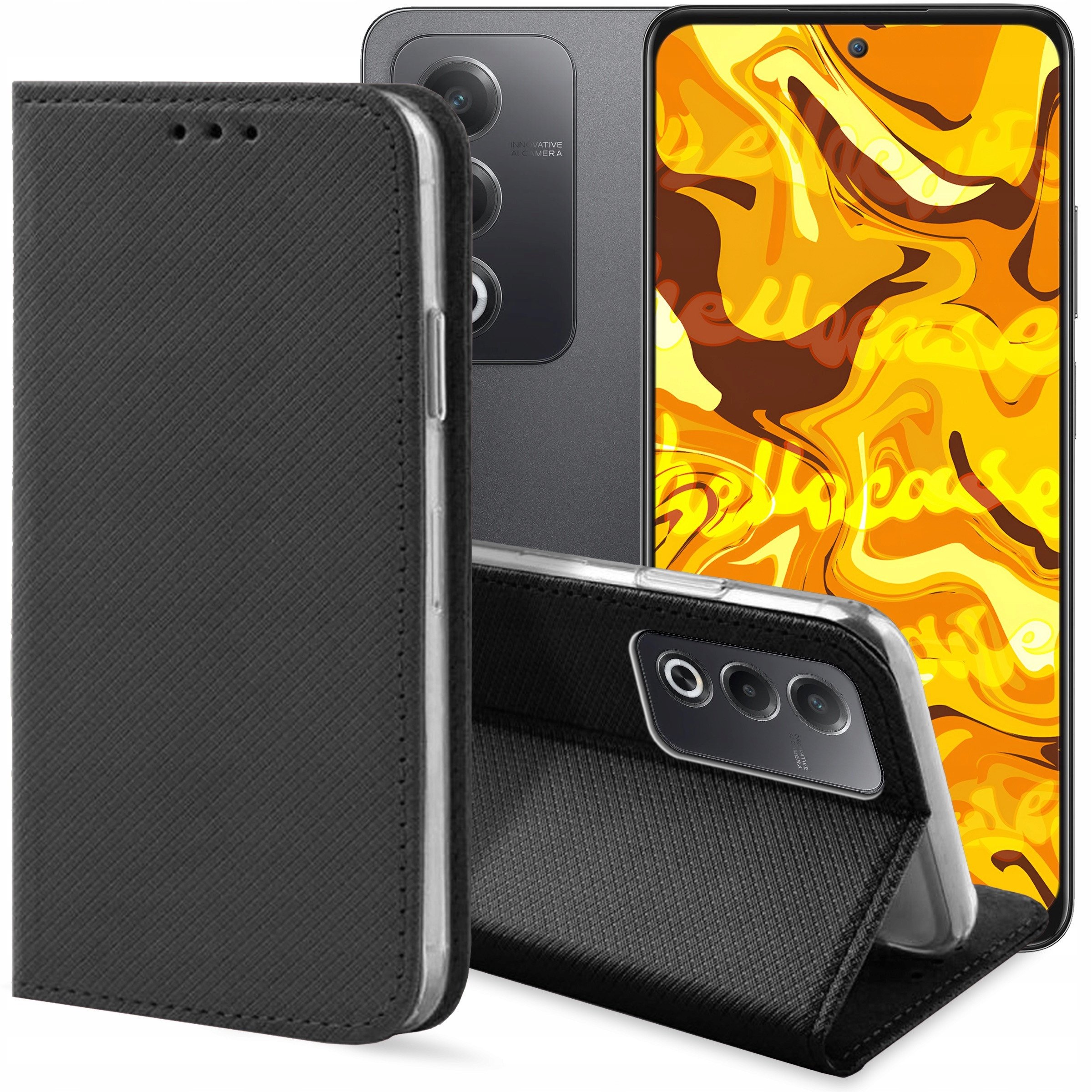 ETUI Z KLAPKĄ DO OPPO A80 CZARNE ZAMYKANE MAGNETYCZNE KABURA FUTERAŁ FLIP