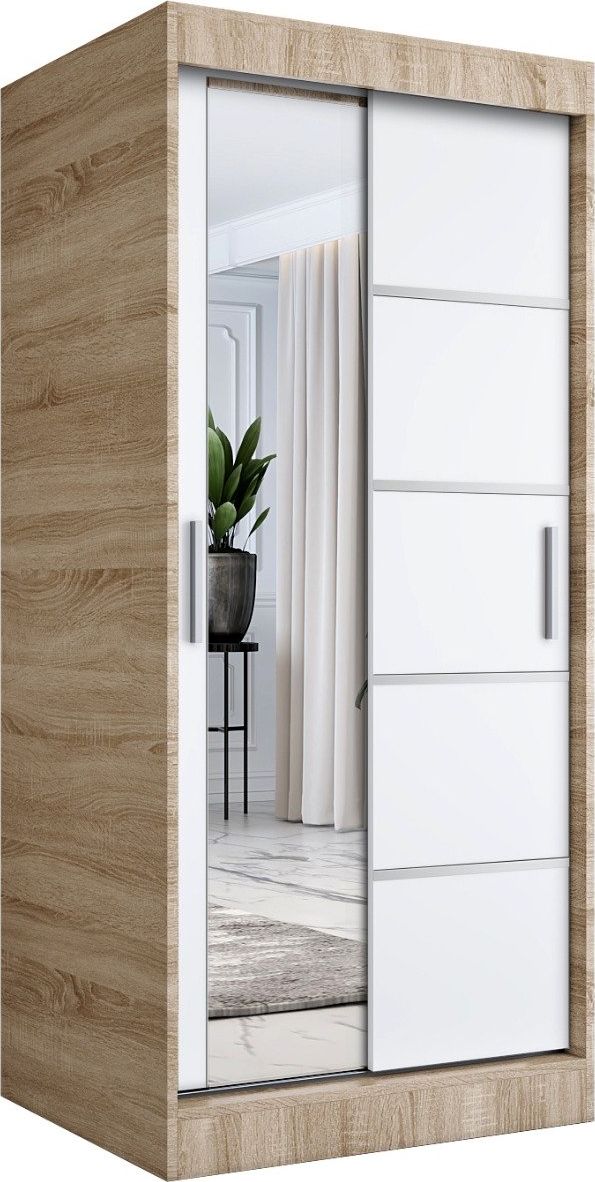MKPOL Szafa przesuwna MODUO COMFORT 3 90 dąb sonoma/biała mat z lustrem