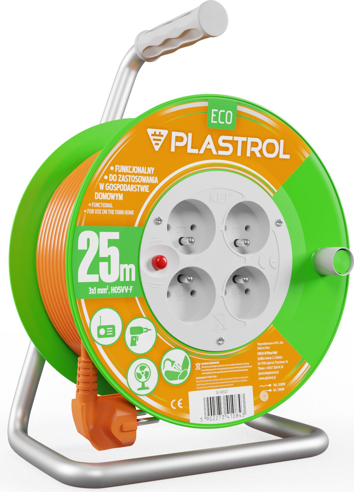 Plastrol przedłużacz bębnowy Standard Line 25m H05VV-F 3x1 4xGS 10A pomarańczowy (W-98947)