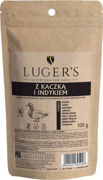 Sucha karma dla psa Lugers z kaczką i indykiem 100 g