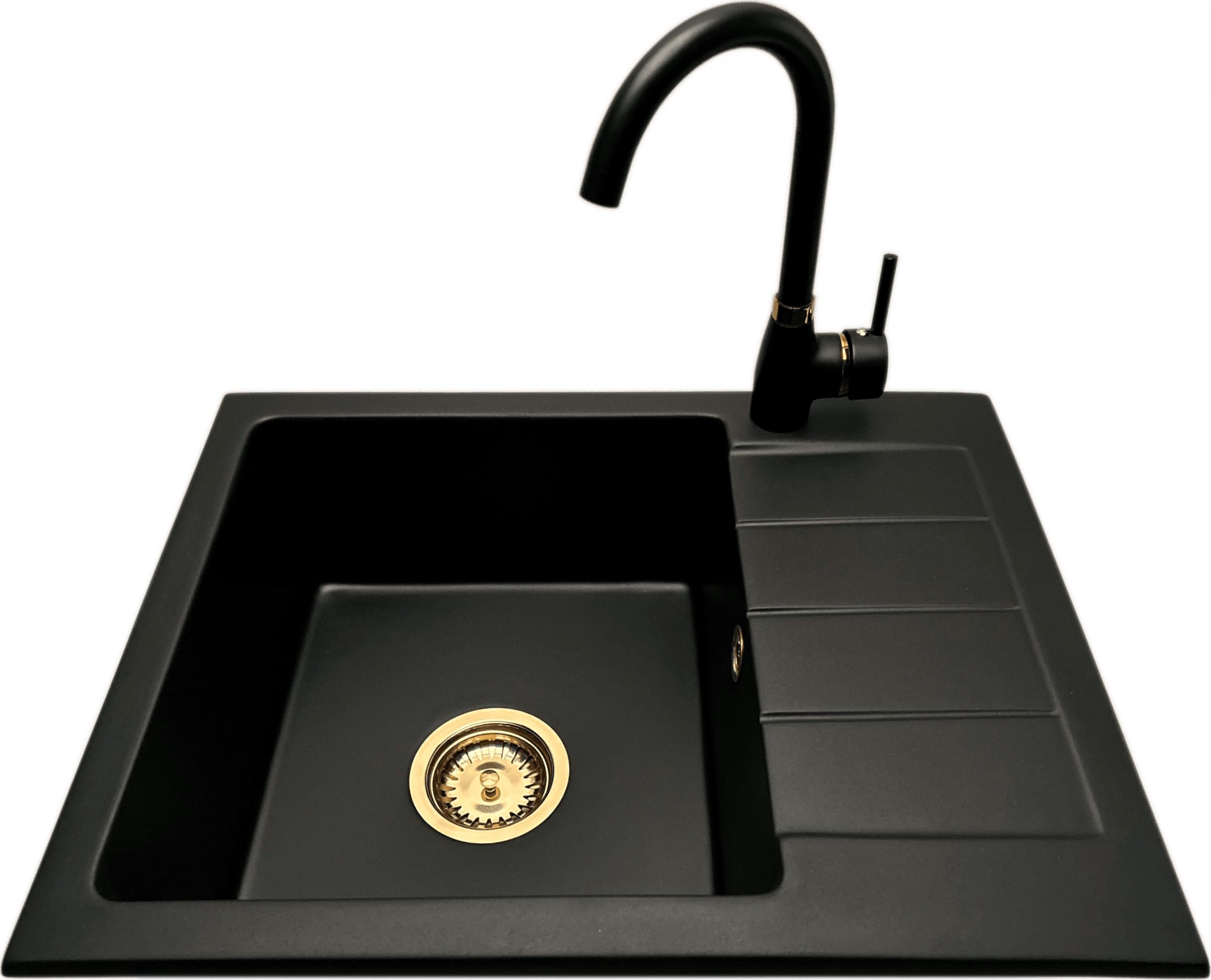 Zlewozmywak PREHNIT Zlewozmywak jednokomorowy z ociekaczem ADAL czarny z prawym ociekaczem + bateria złota LUNA