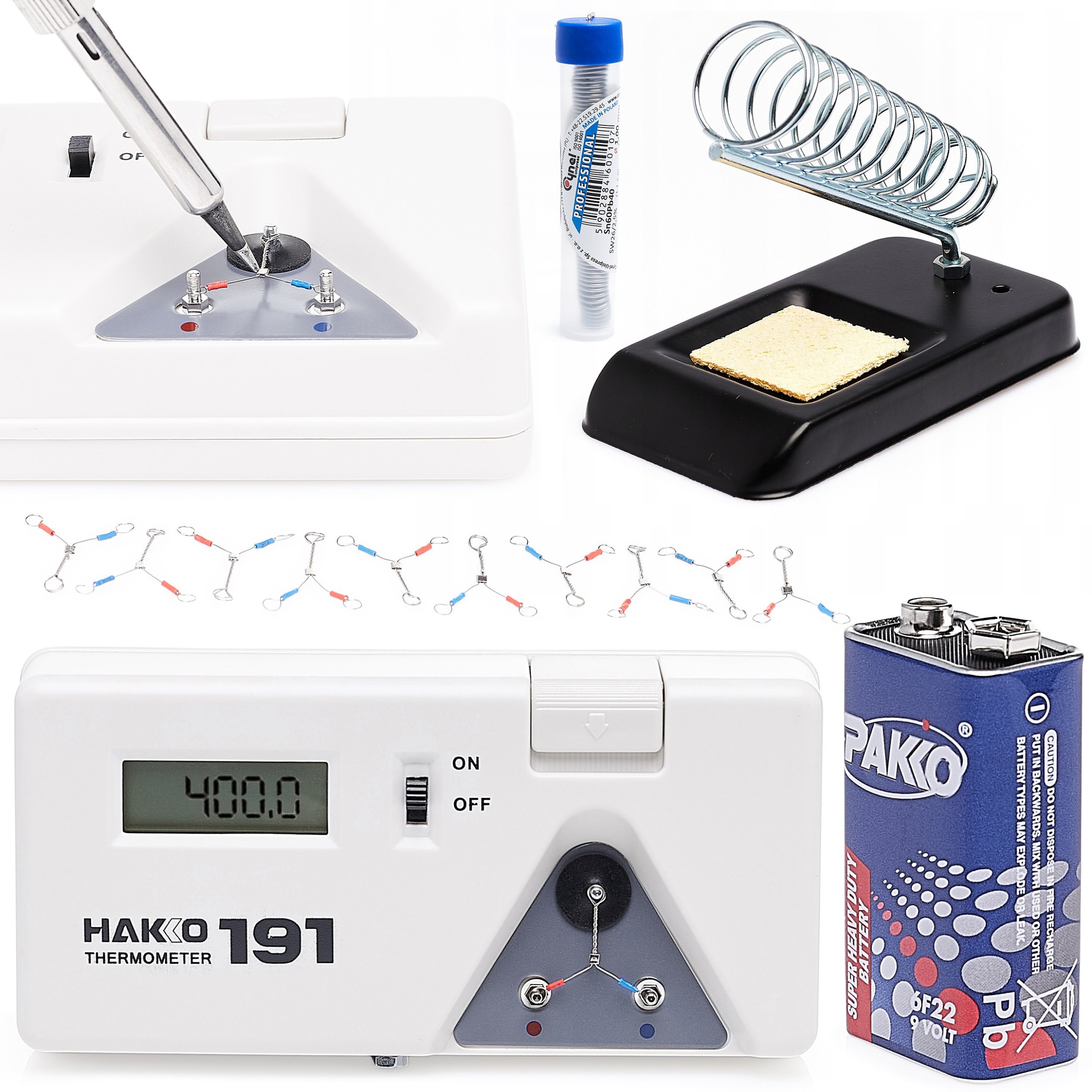 Precyzyjny Miernik Temperatury Grotu Hakko 191 do Lutownic + Podstawka z Gąbką + Cyna