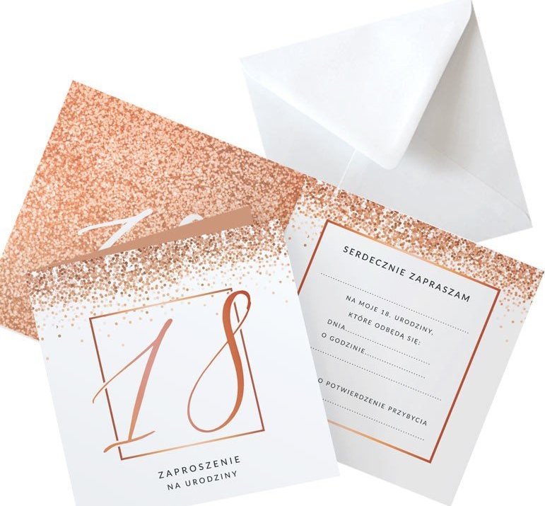 ZAPROSZENIA na 18 glamour Rosegold Confetti 10szt (+koperty)