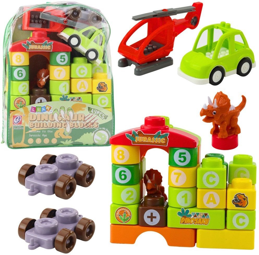 Klocki Konstrukcyjne Edukacyjne W Plecaku Dinozaury Cyfry Litery 49 el.