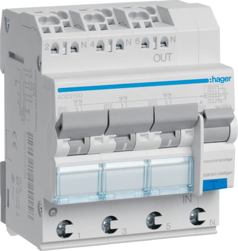 Hager Wyłącznik różnicowonadprądowy 3+N B 10A 0,03A Typ A 6kA RCBO (ADZ310D)