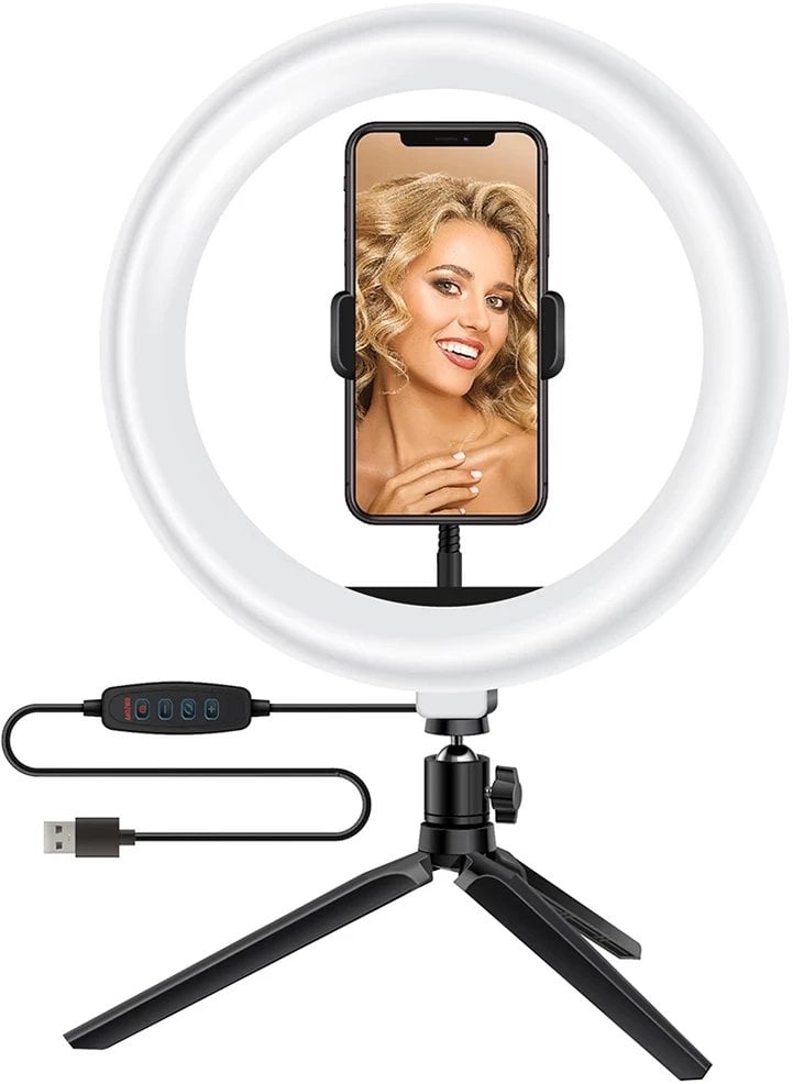 LED žiedinė lempa 30cm, su trikoju stovu iki 165cm ir 3 telefono laikikliais, USB