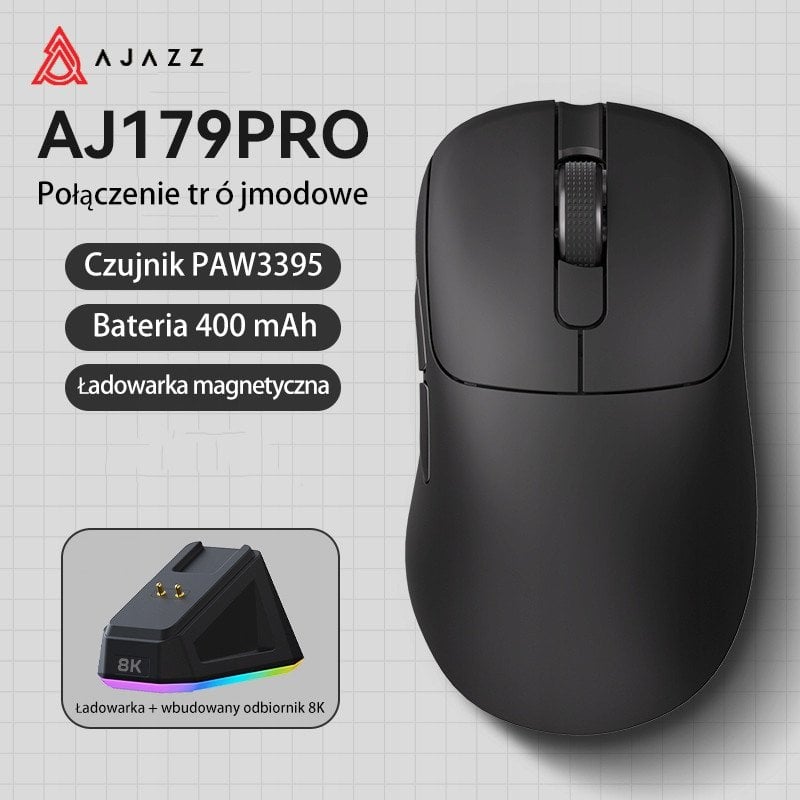Mysz gamingowa bezprzewodowa Ajazz AJ179PRO -3 Mod-Black-Pixart 3395-8K Charging Dock
