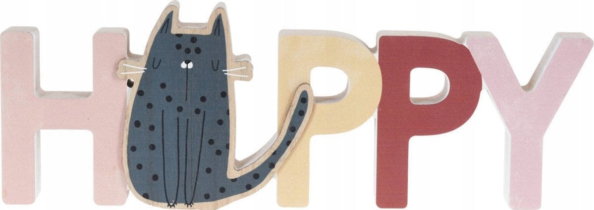 Home Styling Collection Stojąca dekoracja do pokoju dziecka Napis i kotek, drewniana, 28 x 2,5 x 12 cm