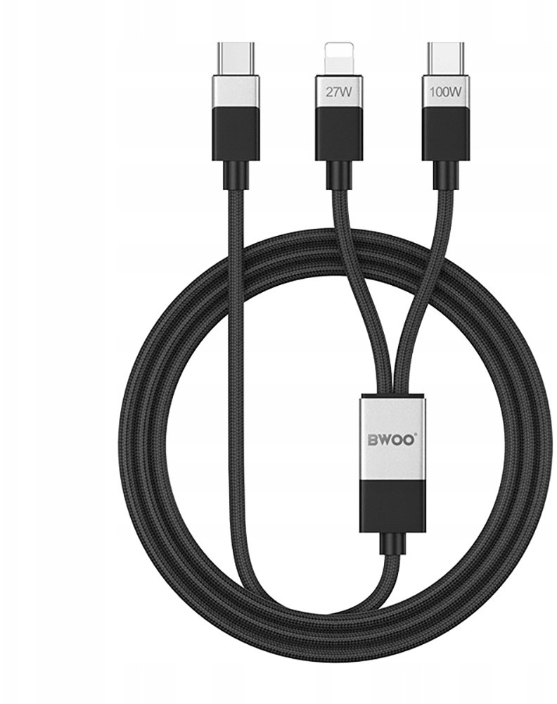 BWOO kabel Pleciony 2w1 USB-C - USB-C i Lightning 1m 100W/27W czarny