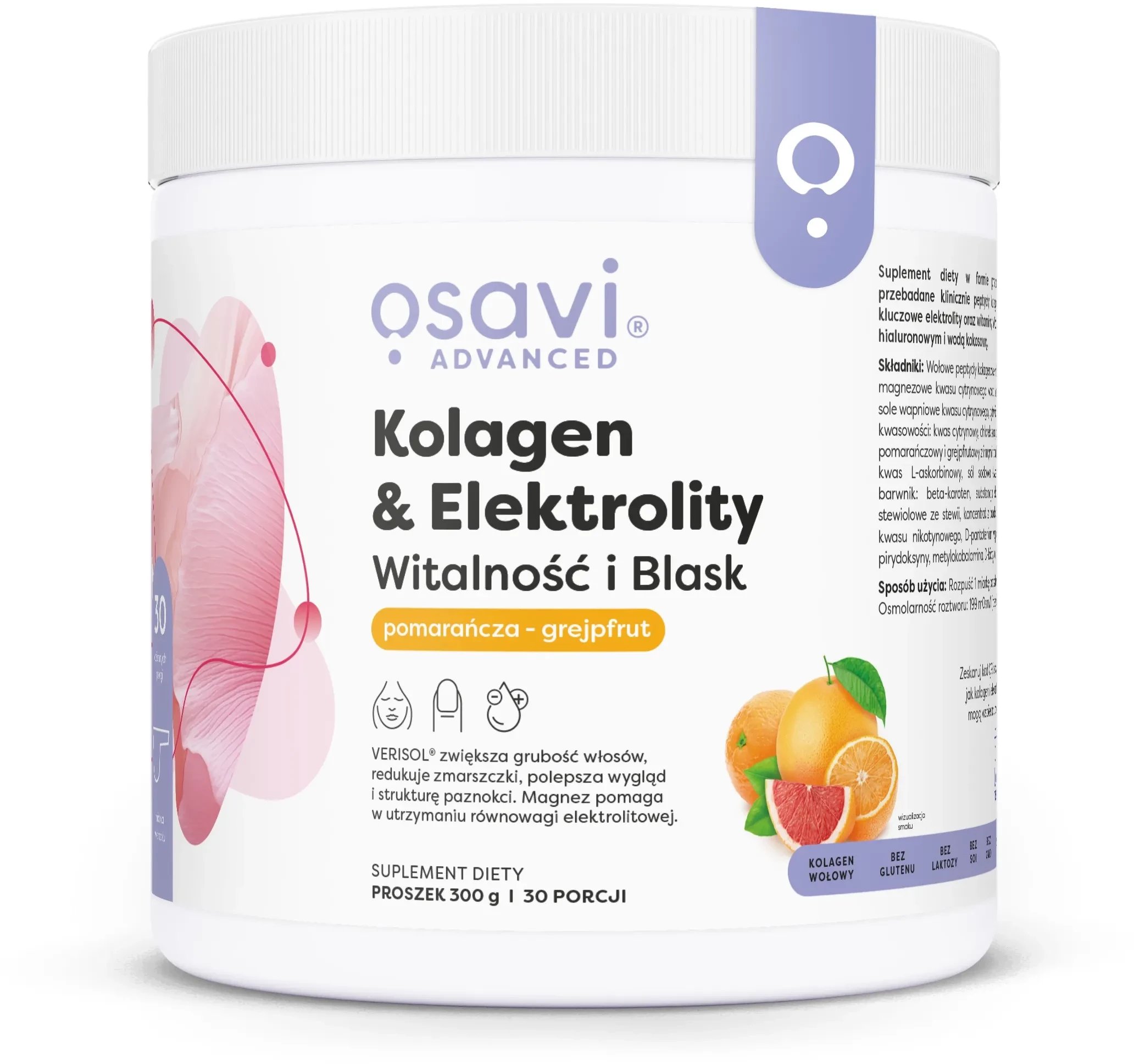 Osavi - Kolagen & Elektrolity Witalność i Blask, Pomarańcza - Grejpfrut, Proszek, 300g