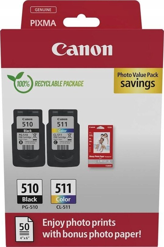 Tusz Canon Ink Cartridge + Photo Paper Value Pack | PG-510/CL-511 | Ink cartridge/Paper kit | Colour (cyan, magenta, yellow)