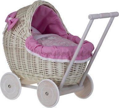 WickerPL Lili Wybielany Wiklinowy Wózek DLA LALEK Z RÓŻOWYM OBSZYCIEM 48X28 H26/47 CM