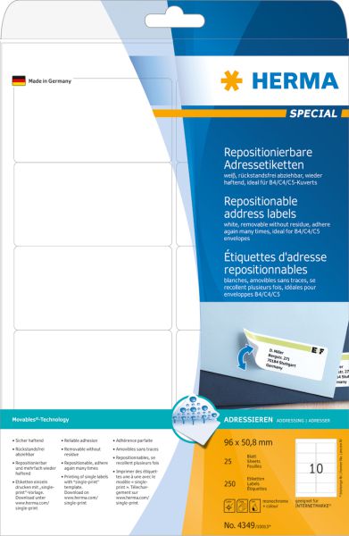 Herma Etykiety odklejalne adresowe Movables A4, białe, papier matowy, 250 szt., zaokrąglone narożniki (4349)