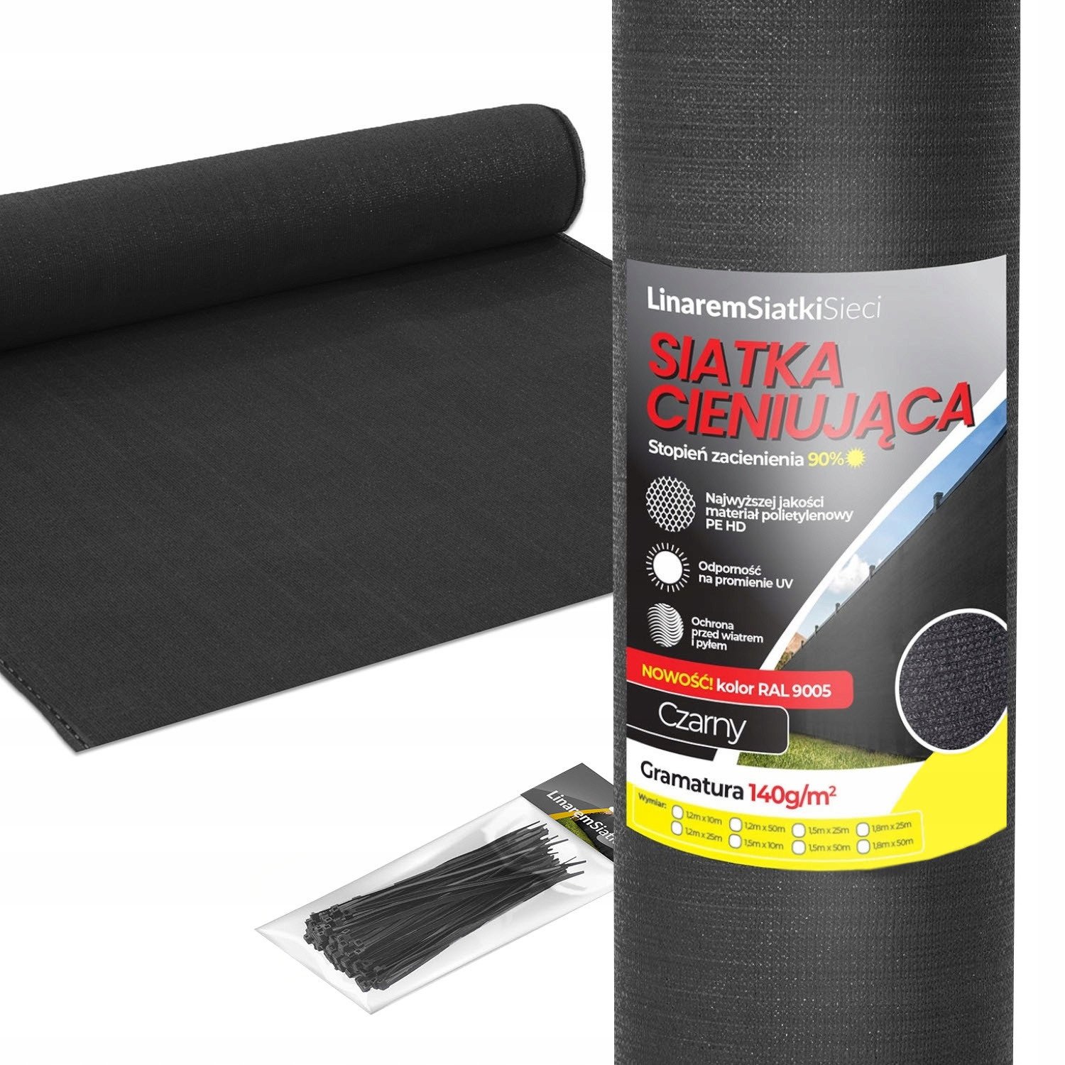 SIATKA CIENIUJĄCA 90% CZARNA 1,5x10m MASKUJĄCA OSŁONA OGRODZENIOWA NA PŁOT UV