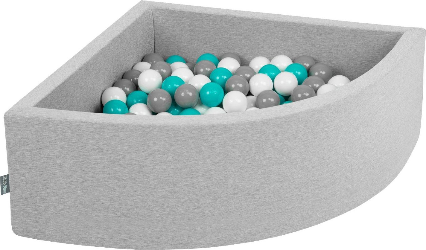 KiddyMoon KiddyMoon Suchy basen trójkątny z piłeczkami 7cm jasnoszary: szary-biały-turkus 90x30cm/200piłek Zabawka basen piankowy