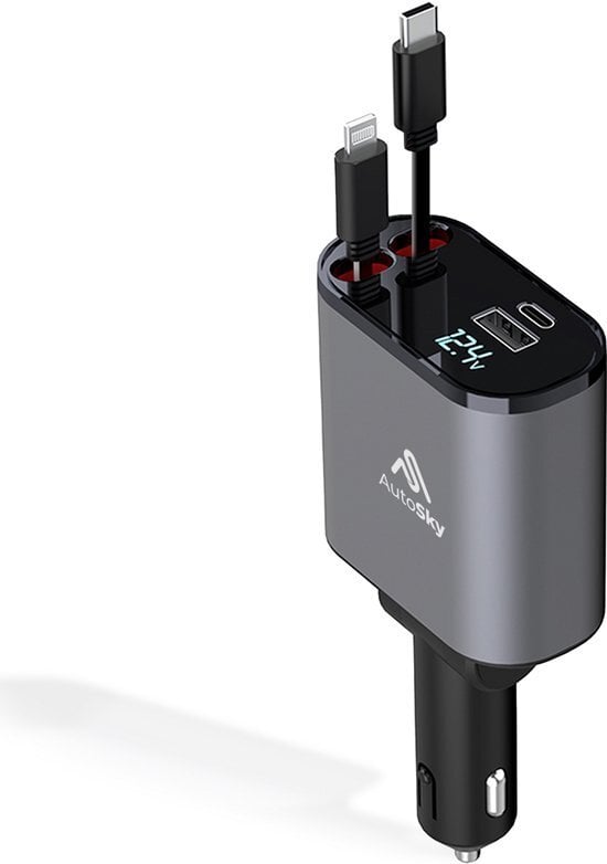 AutoSky 4-in-1 Retractable Fast Charger For Cars: 100W Car USB-C & iPhone Cable USB-C/A