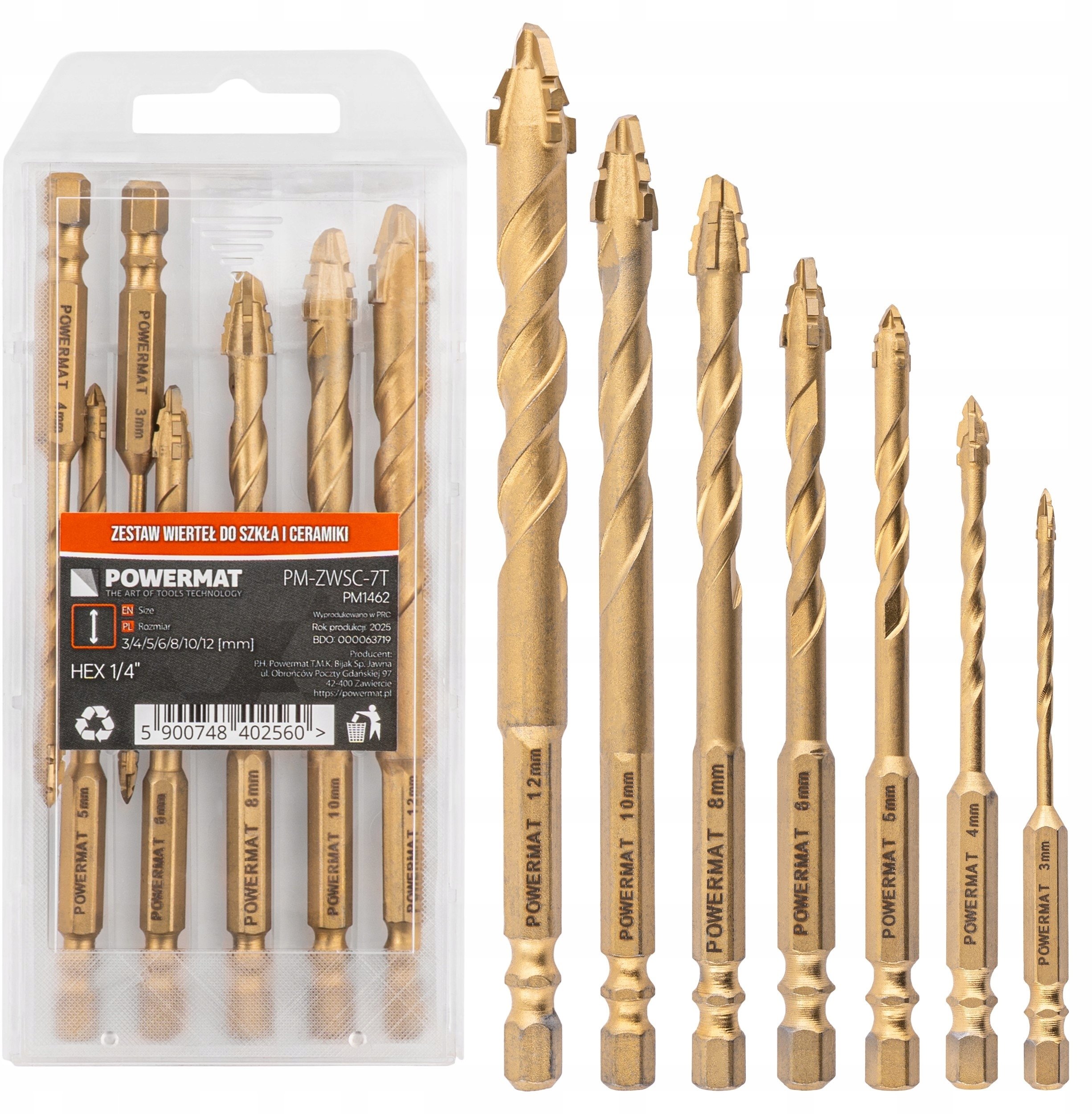 WIERTŁA DO PŁYTEK GRESU SZKŁA CERAMIKI ZESTAW WIERTŁ 7 SZT HEX 1/4 3-12MM