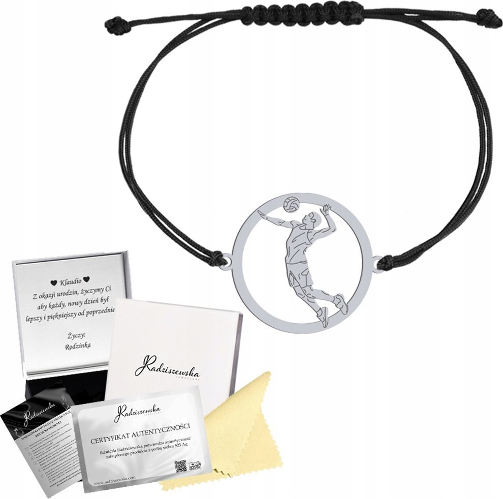 Radziszewska Jewellery Bransoletka z Siatkarzem Siatkówka na sznurku 925 GRAWER DEDYKACJA GRATIS