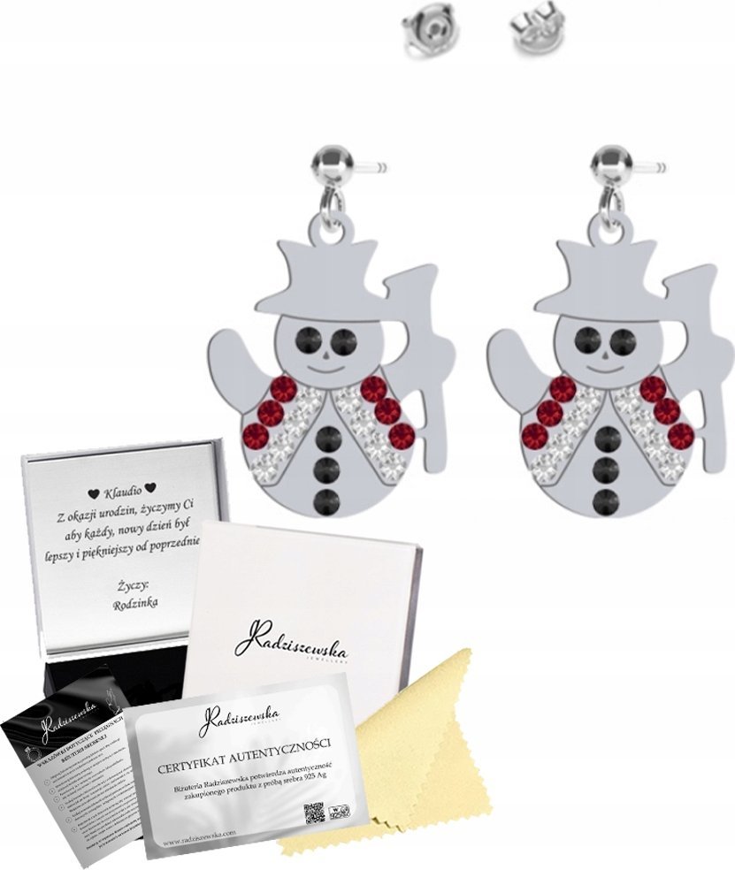 Radziszewska Jewellery Kolczyki Srebrne z Bałwanem Prezent Boże Narodzenie 925 ŻYCZENIA GRATIS