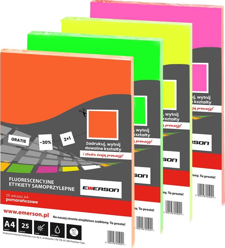 Emerson ETYKIETY EMERSON A4 FLUORESENCYJNE RÓŻOWE 25 ARKUSZY