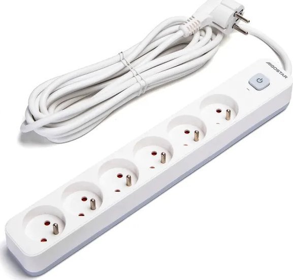 Aigostar Francuski przedłużacz 6-gniazdowy z wyłącznikiem biało-szary 5m Francuski przedłużacz 6-gniazdowy z wyłącznikiem biało-szary 5m