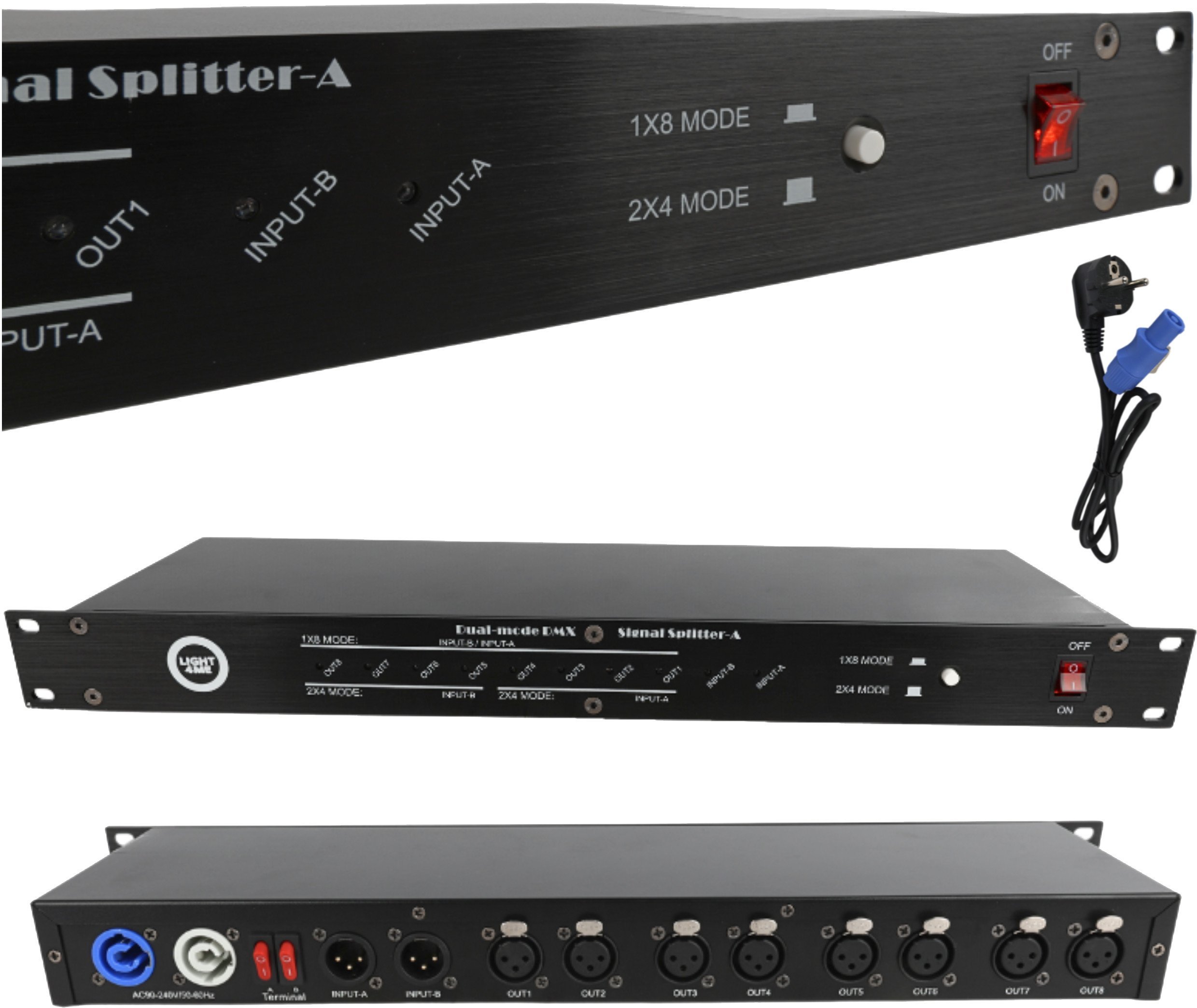 LIGHT4ME XSPLIT 2x4 rozdzielacz sygnału DMX splitter 8-kanałowy rack 19" 1U dwa tryby pracy