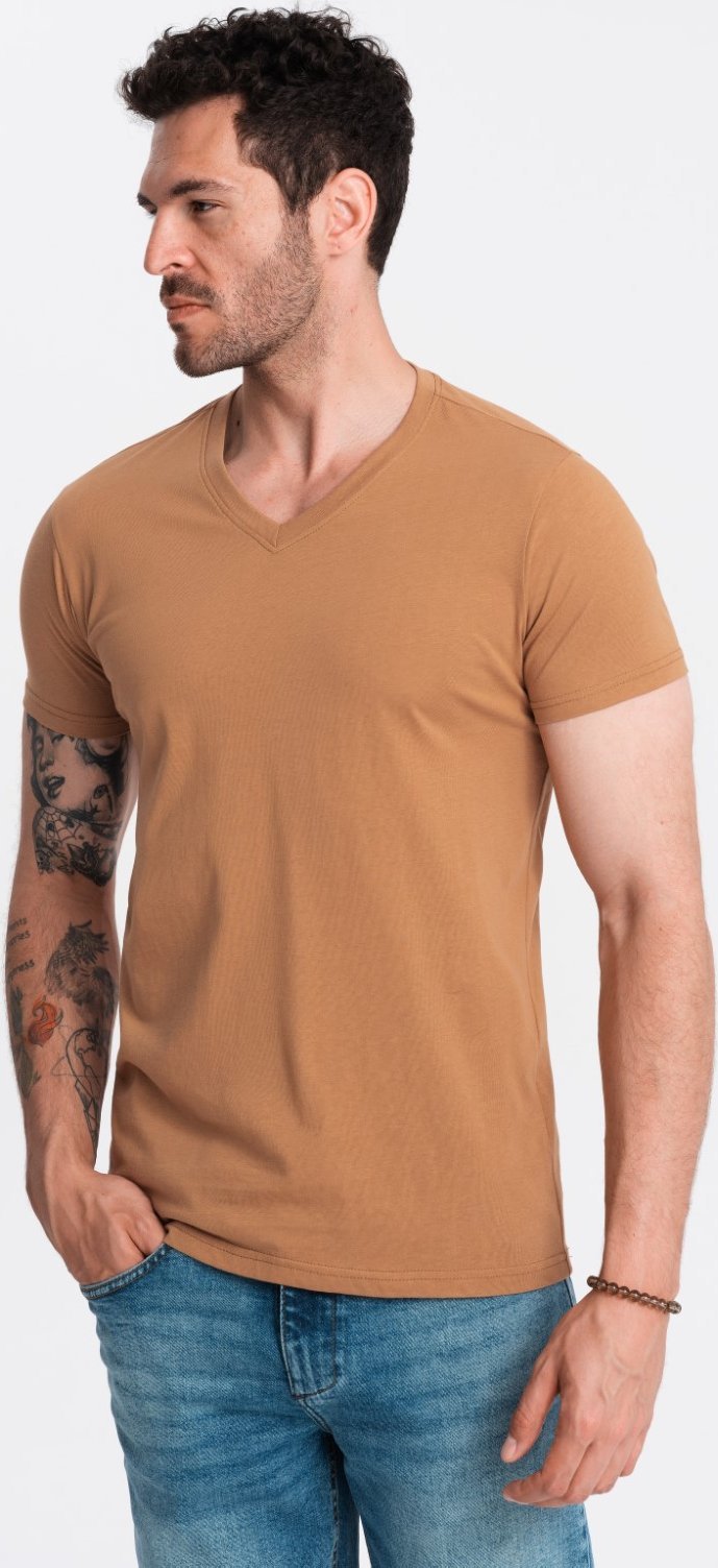 Ombre Męska klasyczna bawełniana koszulka z dekoltem w serek BASIC brązowa V9 OM-TSBS-0145 L