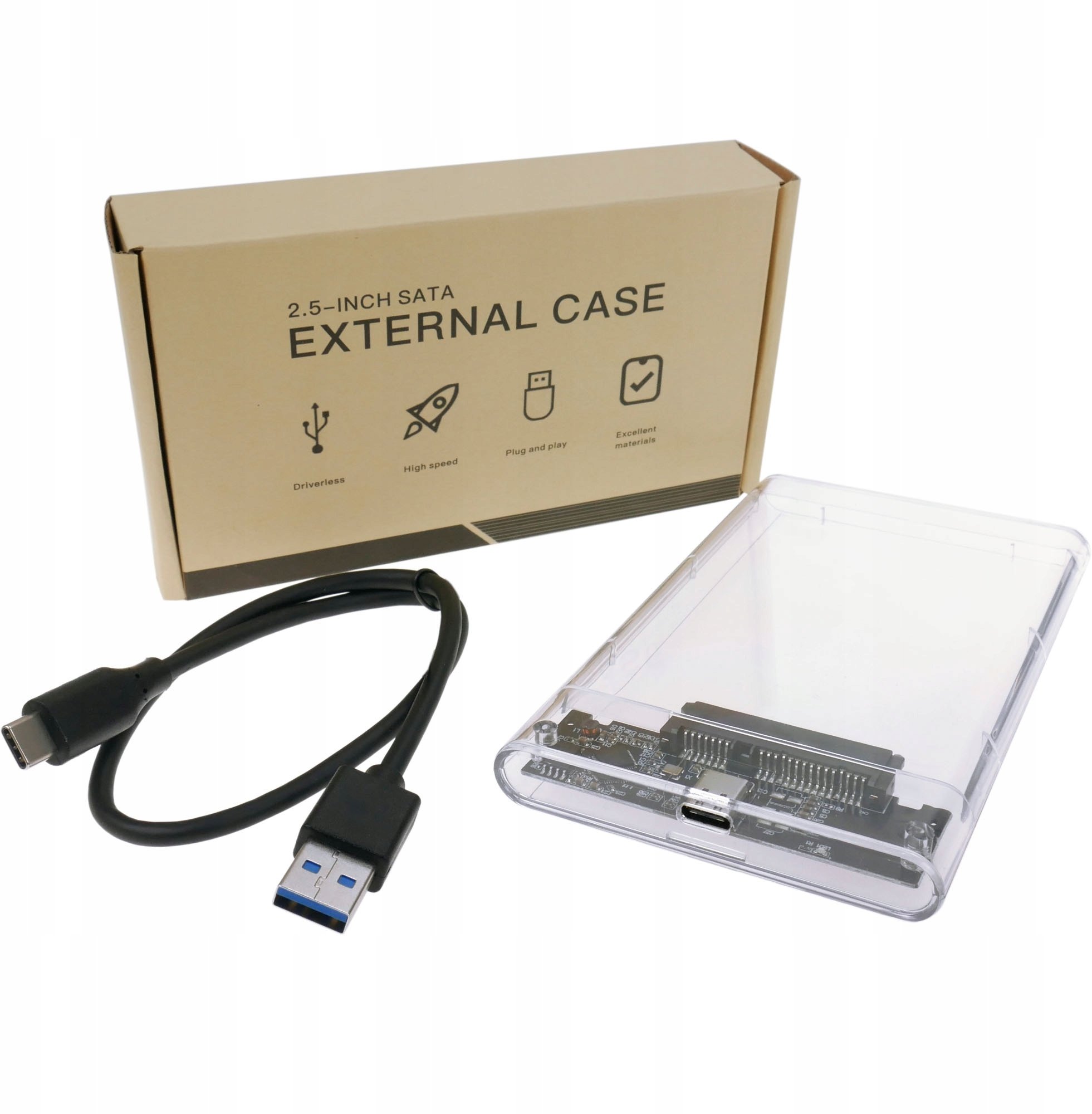 Kieszeń na dysk HDD/SSD 2,5" SATA USB 3.2 USB-C -> USB-A | przezroczysta