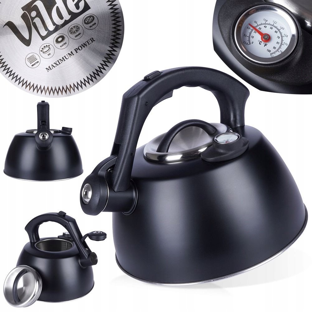 Czajnik na Gaz Indukcja z Gwizdkiem Termometrem Stalowy Czarny VILDE 3 l