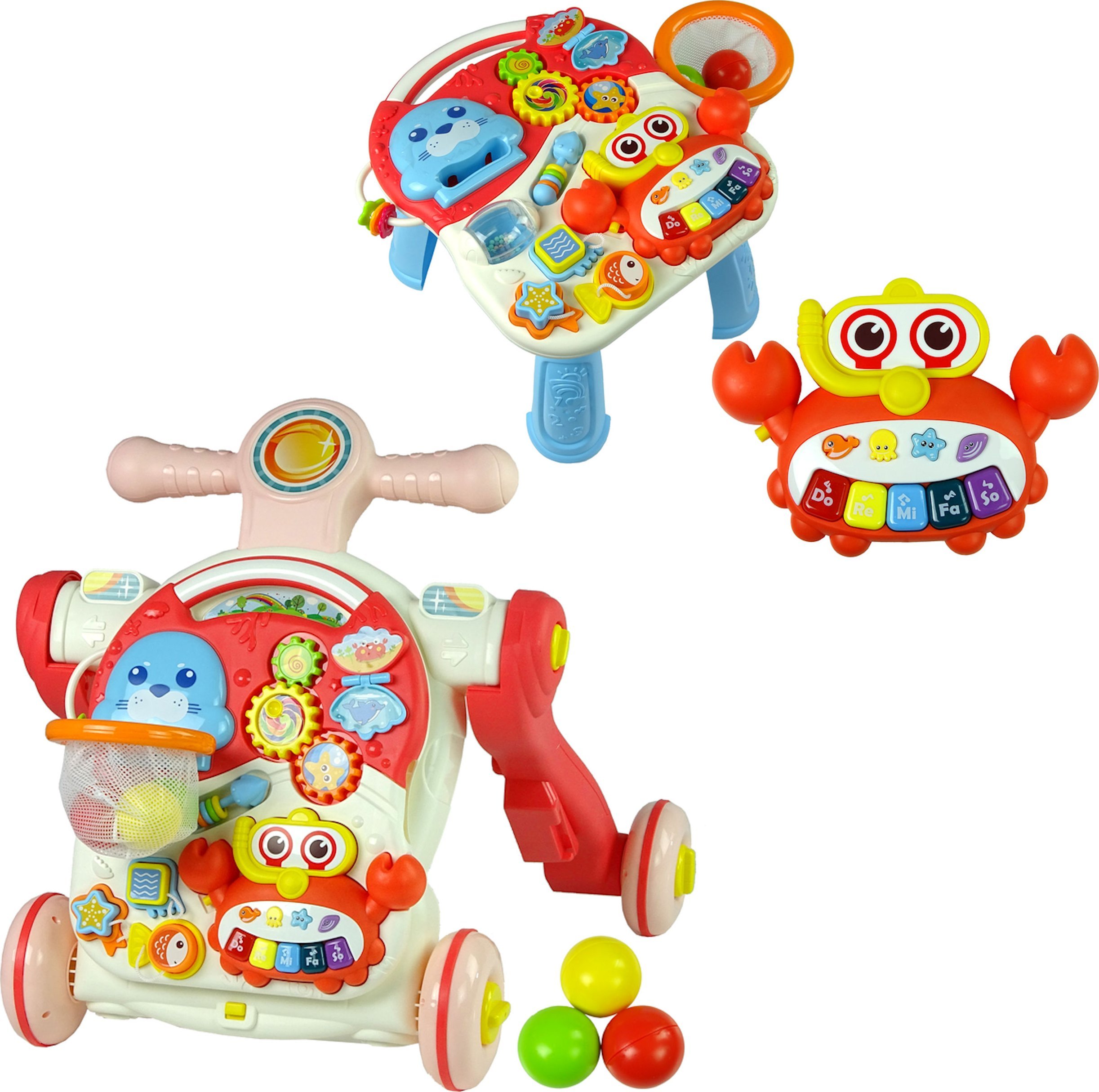 Coil Coil 4w1 chodzik pchacz stolik wielofunkcyjny jeździk muzyczny edukacyjny różowy