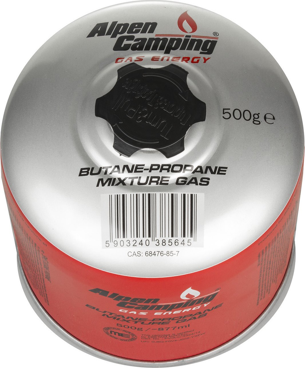 Alpen Kartusz gazowy 500g Alpen Camping. certyfikat: Pi 0437, zgodny z EN417, propan-butan, zakres -10°c do+ 40°c, zawór gwintowany 7/