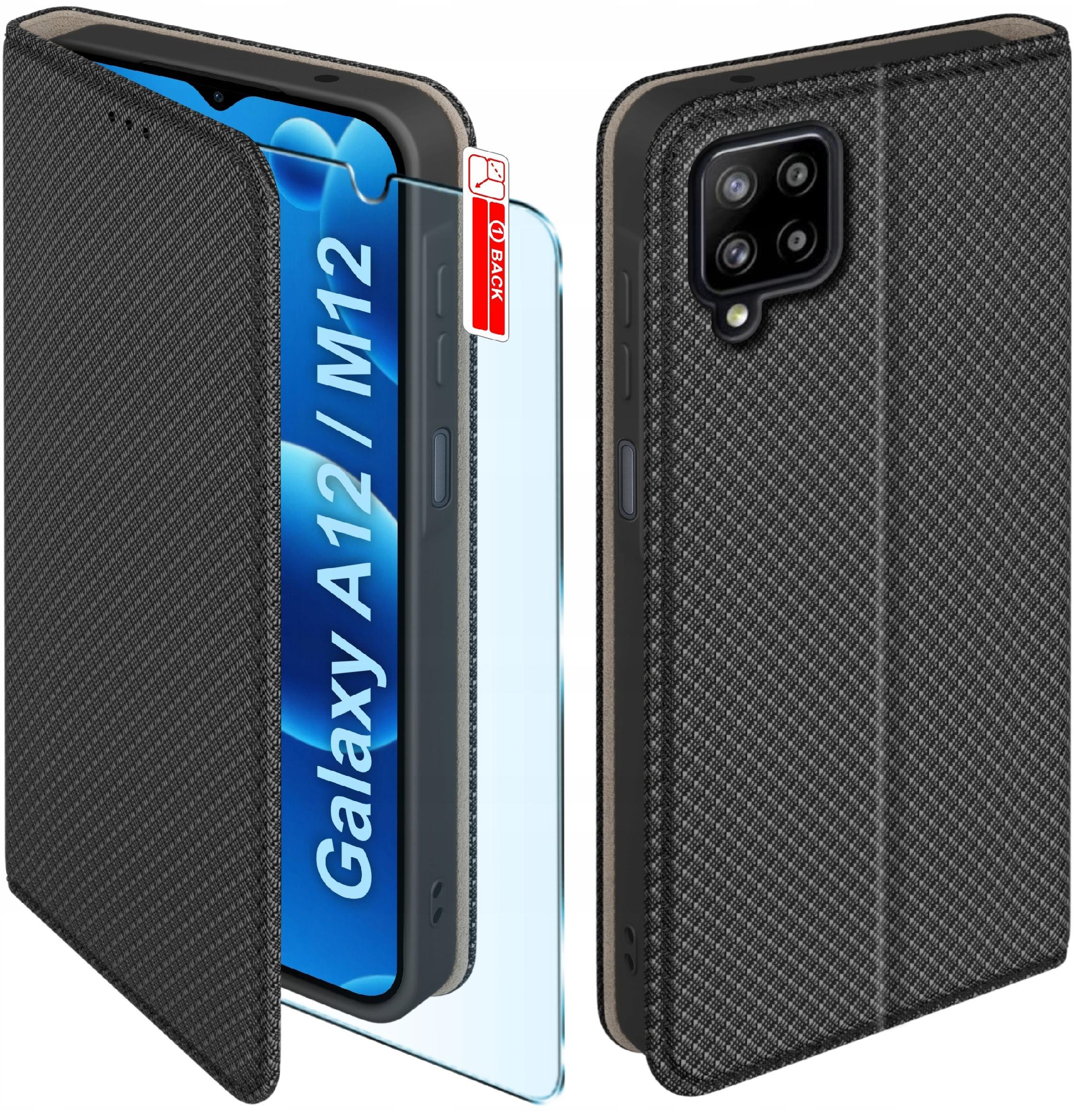 Etui z klapką do Samsung A12 | M12 Zamykane Czarne Futerał + Szkło 9H