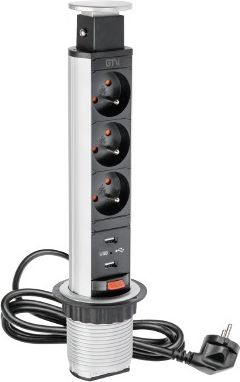 GTV Biurkowy przedłużacz wpuszczany 60mm srebrny 3 x gniazdo z uziemieniem 2 x USB 2,1A 5V 1,5m (AE-BPW3U60U-80)