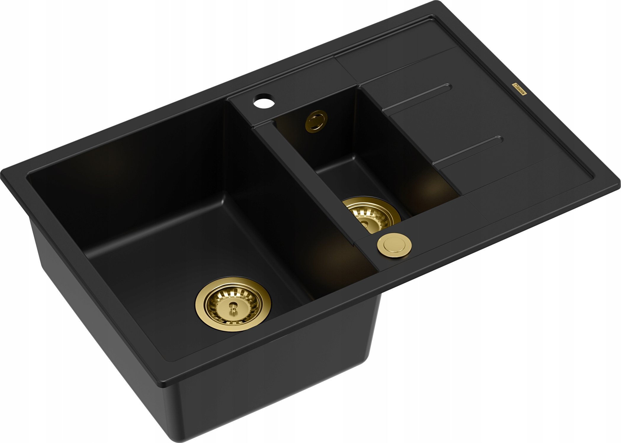 Zlewozmywak GraniteQ MORGAN 156 GraniteQ zlewozmywak pure carbon z syfonem Push To Open okrągły 1,5-komorowy z/o / elementy złote