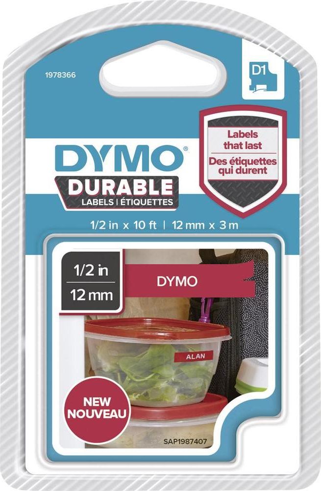 Dymo DYMO D1-Schriftband Vinyl 12mmx3m weiß auf rot - 1978366