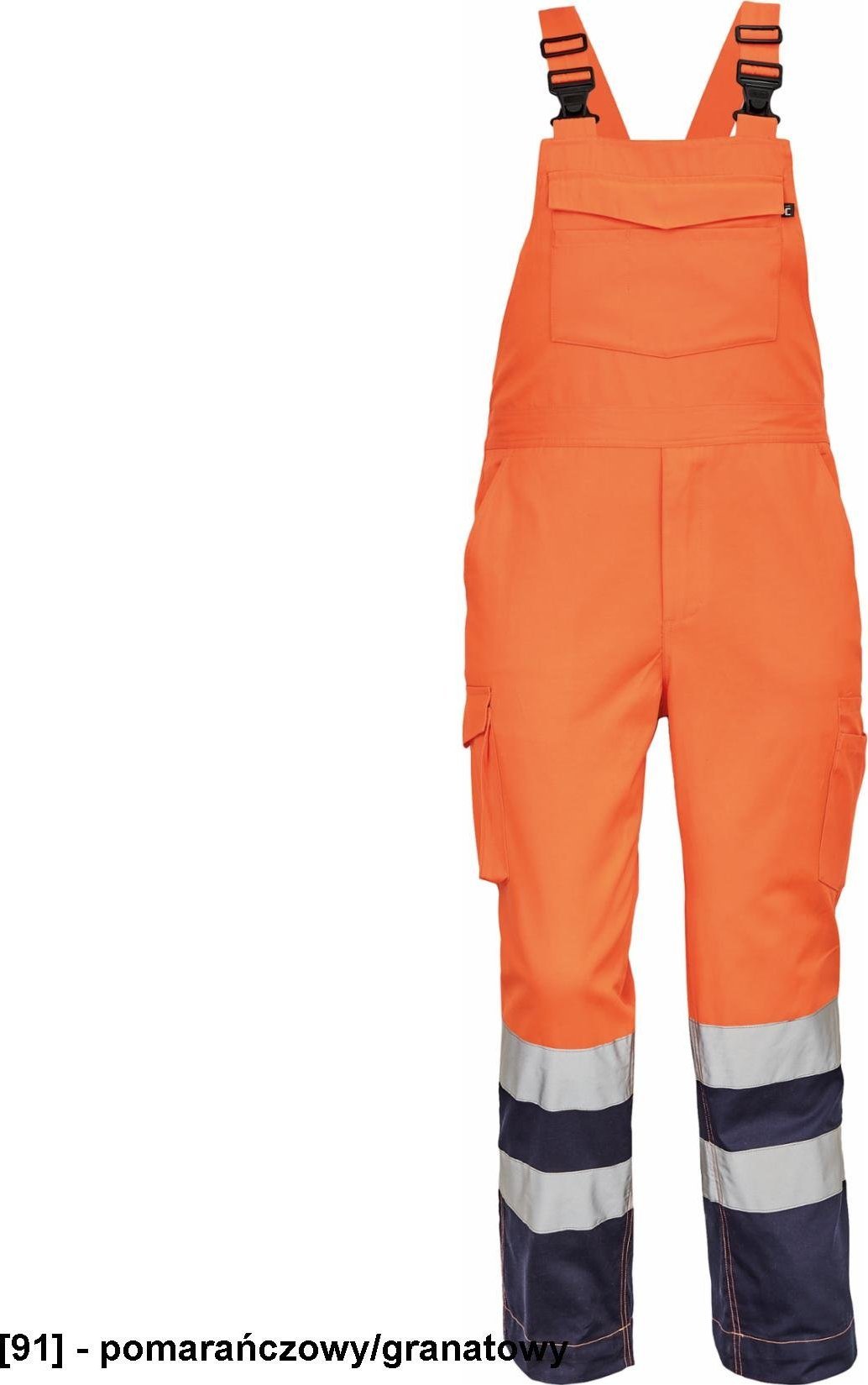 CERVA LORCA HV męski spodnie ogrodniczki wykonane z materiału Hi-Vis posiadające elastczne szelki z plastikowymi klamrami i - pomarańczowy/granatowy 5