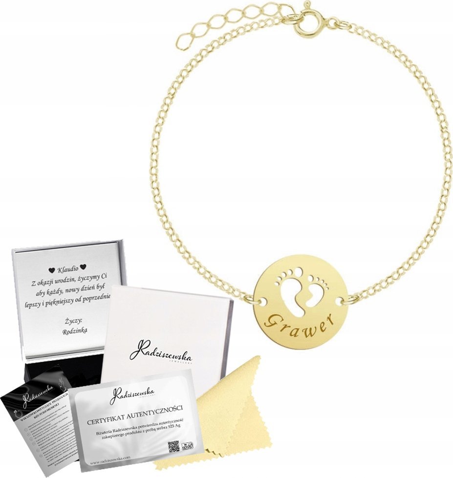 Radziszewska Jewellery Złota Bransoletka Imię Dziecka Stópki SREBRO 925 GRAWER DEDYKACJA GRATIS