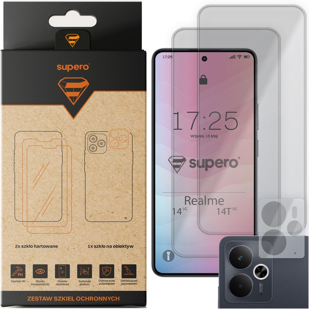 Szkło hartowane do Realme 14 5G/14T 5G, Supero, na wyświetlacz 2 szt., na kamerę 1 szt.
