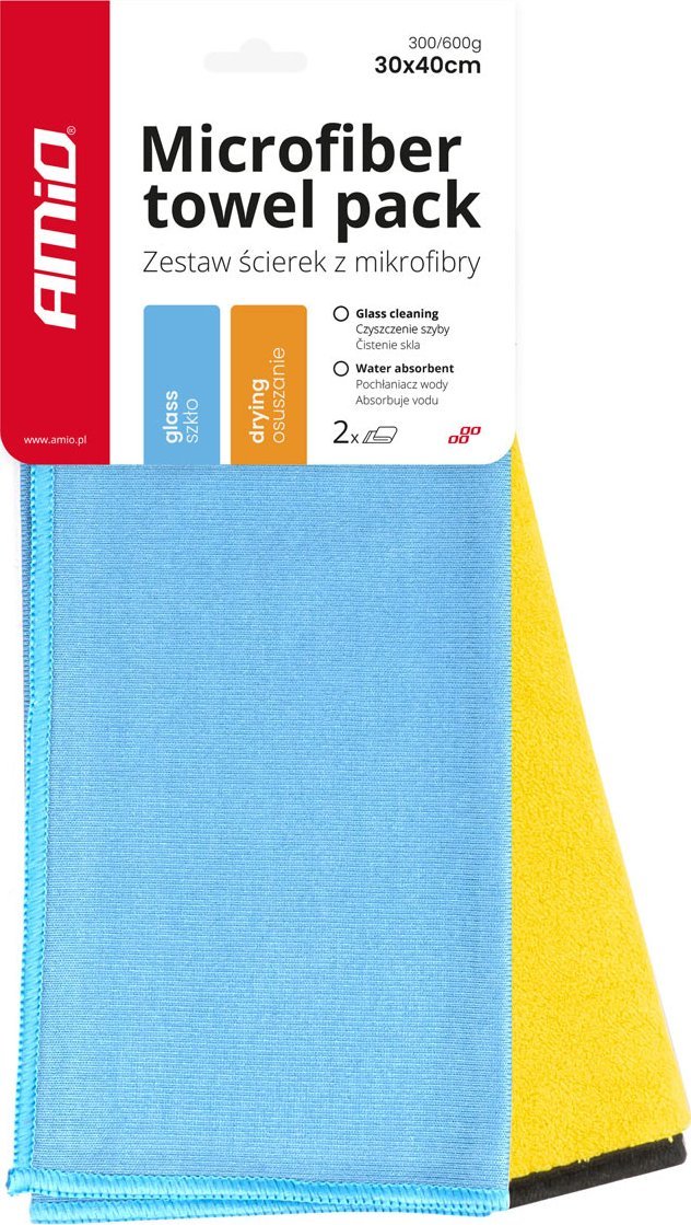 AMiO Zestaw ściereczek z mikrofibry do osuszania i szyb 30x40cm 300/600g 2 szt. amio-03749
