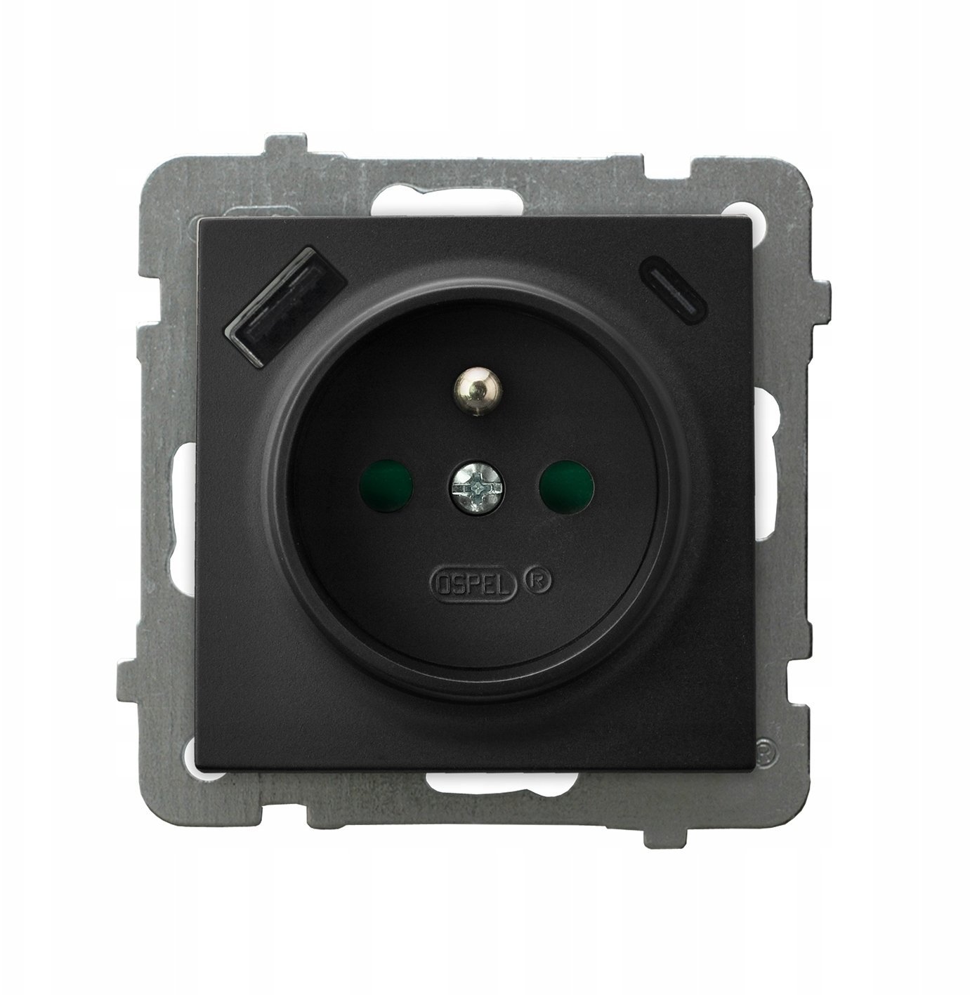 AS Gniazdo pojedyncze z uziemieniem z przesłonami torów prądowych, z ładowarką USB A+C czarny metalik GP-1GZPUSBAC/m/33