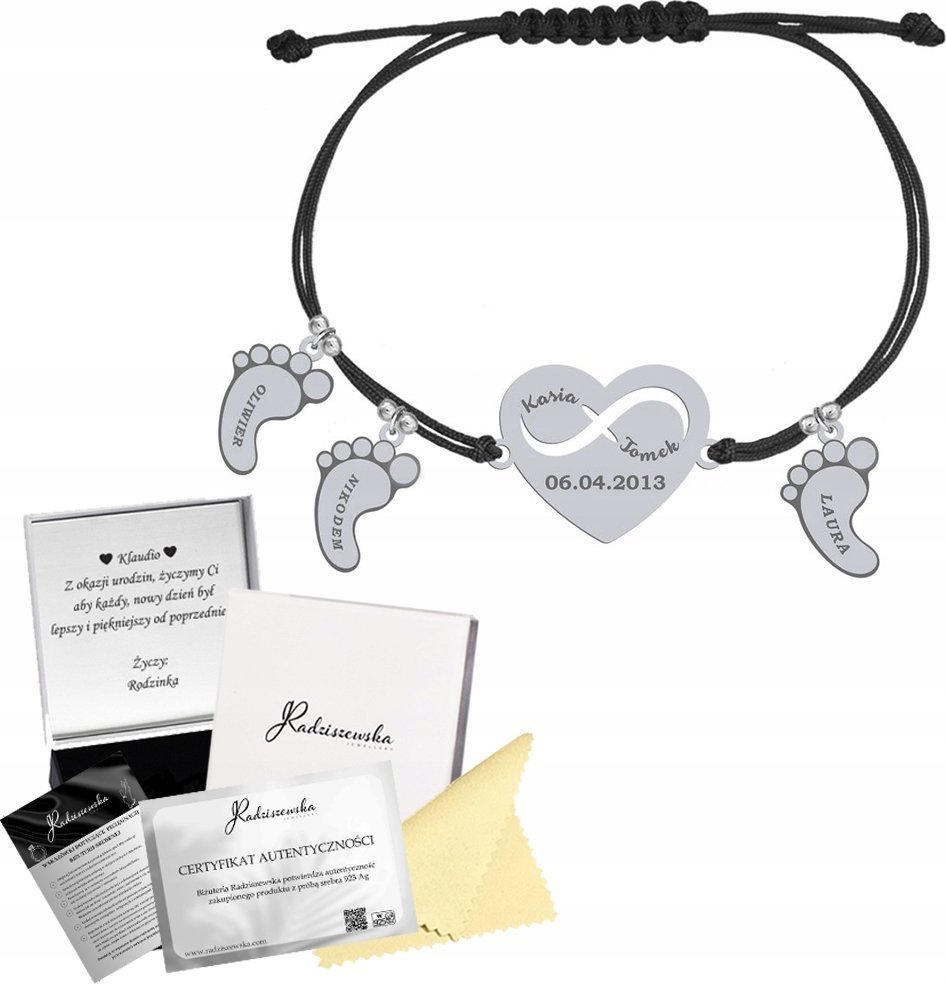 Radziszewska Jewellery Bransoletka Srebrna Stópki Serce Imię Dziecka 925 Dzień Matki GRAWER GRATIS