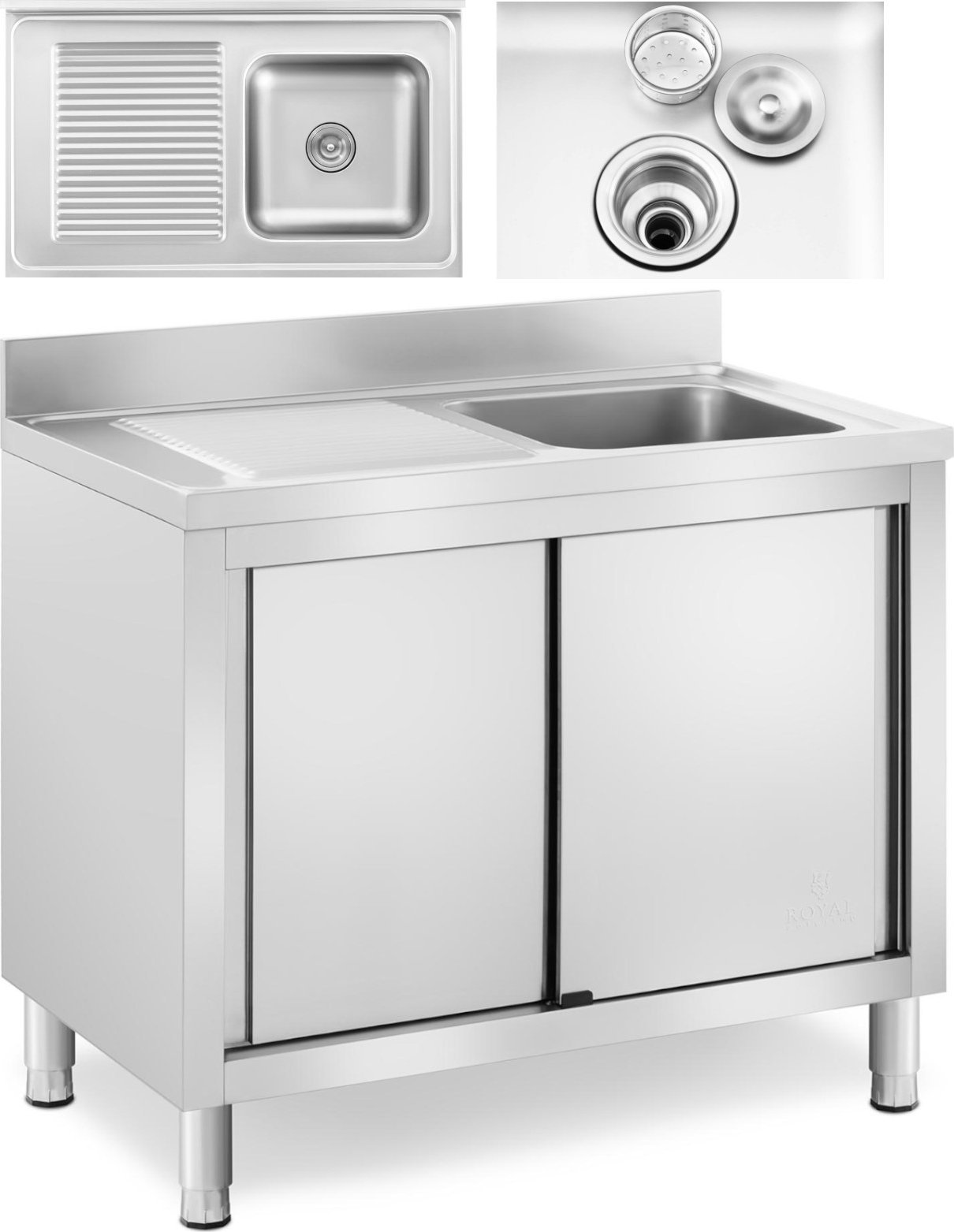 Royal Catering Zlew basen gastronomiczny jednokomorowy z szafką z drzwiami przesuwnymi prawy 100 x 60 x 94 cm Zlew basen gastronomiczny jednokomorowy